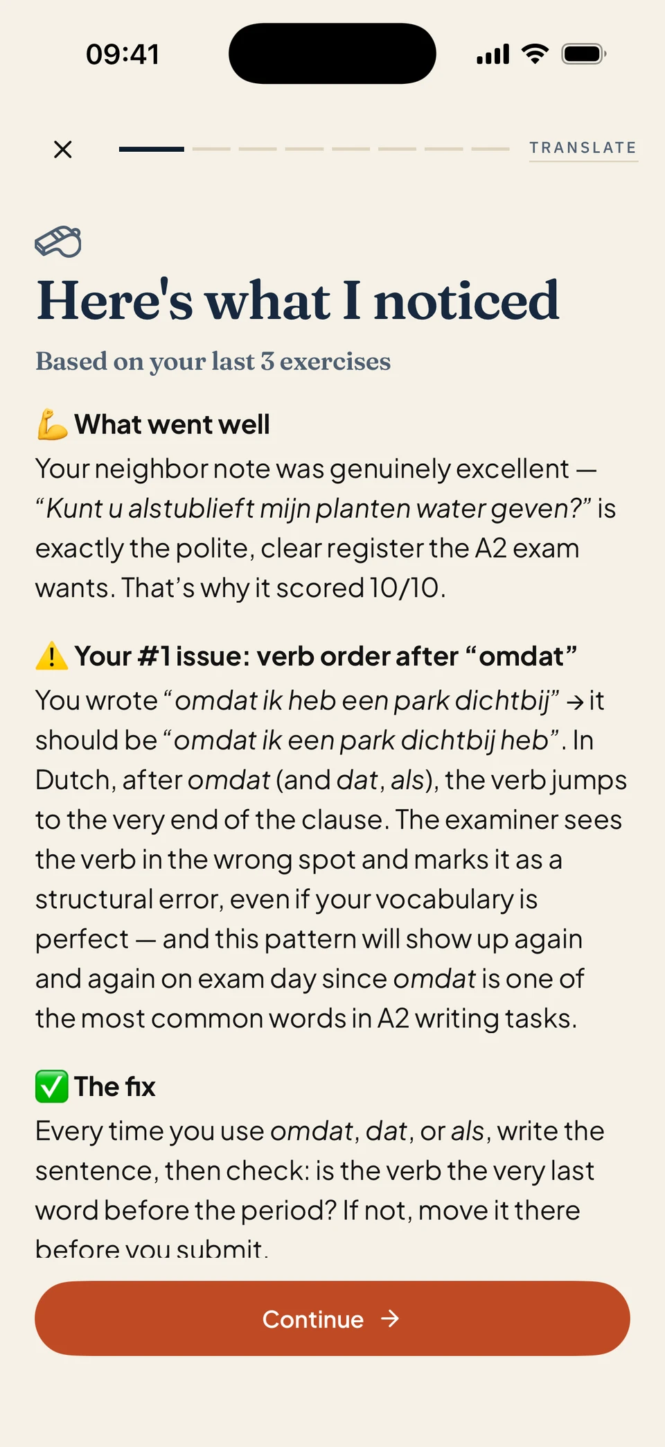 A note the coach wrote from the learner's own recent work: what went well, the one mistake that keeps coming back, and how to fix it