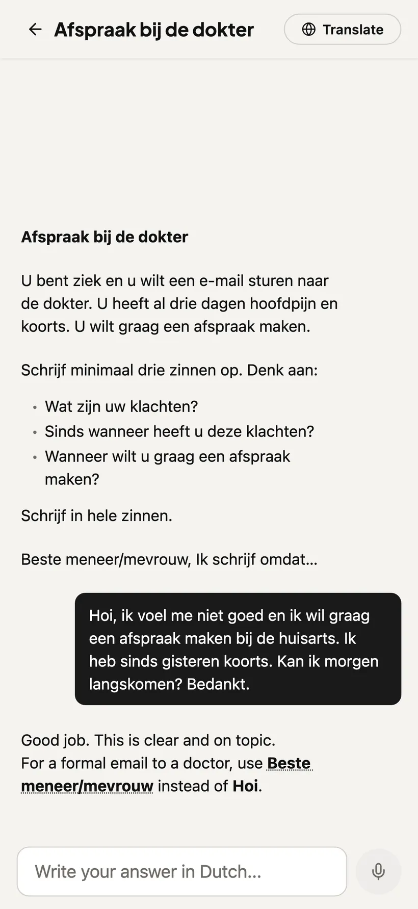 Inburgering Coach AI marking a Dutch writing answer — highlighting mistakes and showing exactly what to fix, graded to exam standard