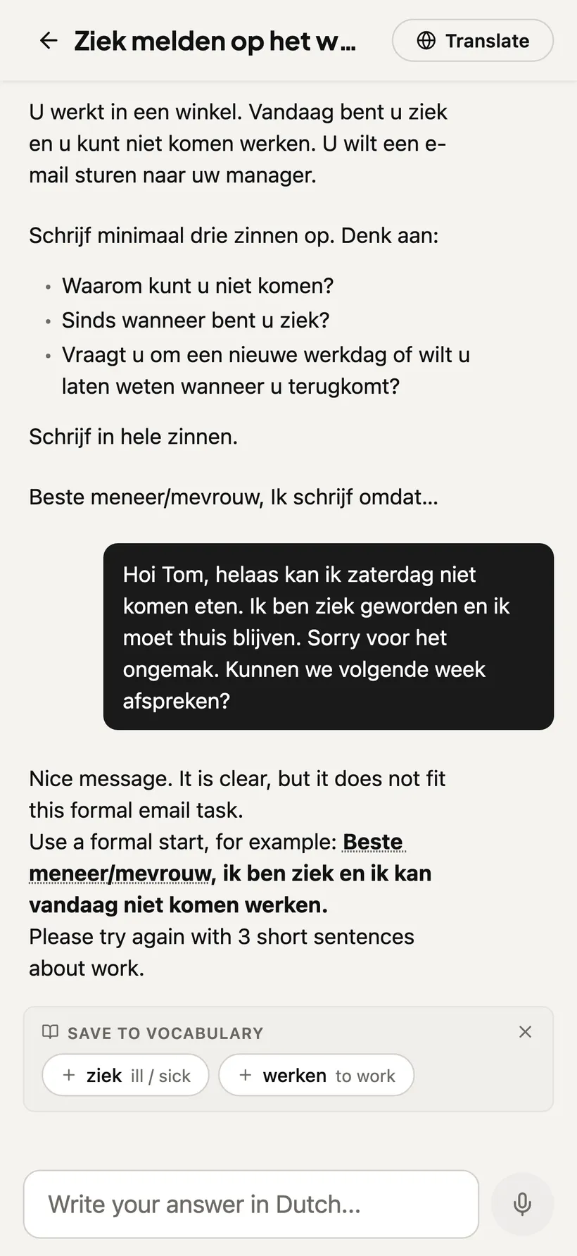 The Inburgering Coach app showing AI writing feedback: a user's Dutch answer marked up with corrections and a clear explanation of how to fix each mistake.