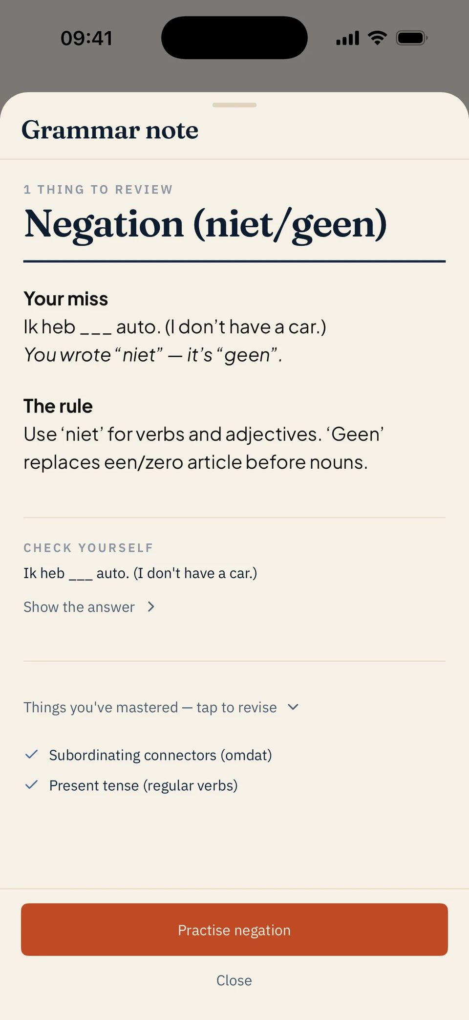 A study note the app wrote from something the learner got wrong, explaining the rule behind the mistake