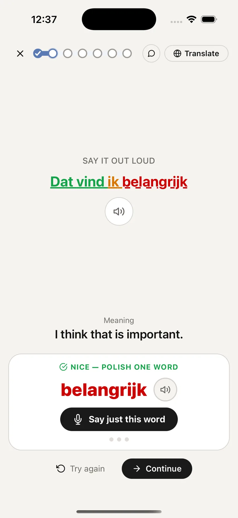 The Inburgering Coach app showing the AI speaking practice track: Dutch speaking levels you record and get scored on, graded to the exam standard.