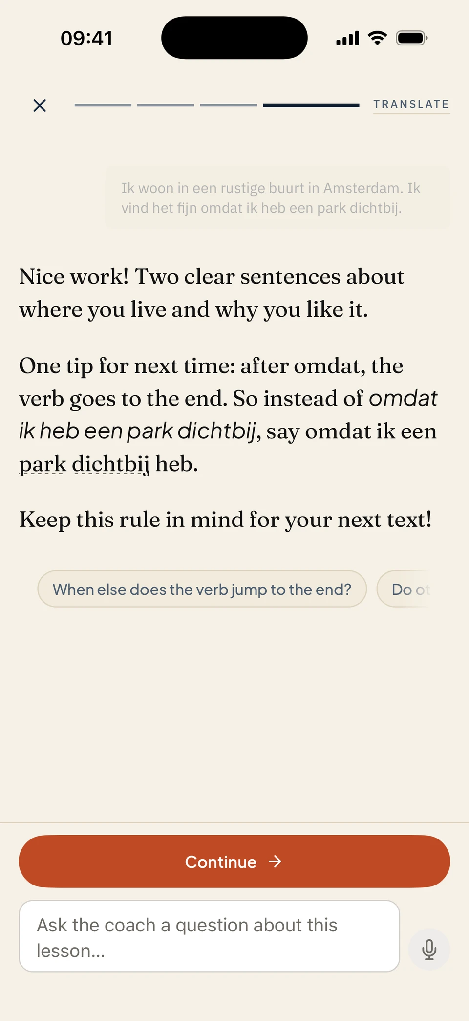 The coach marking a learner's real Dutch writing answer and explaining in English how to fix it